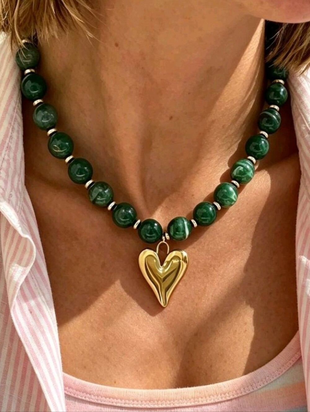 NEW! Boho Green Beaded Necklace with Gold Heart Pendant